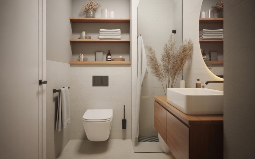 mall bathroom with floating wooden open shelves and neatly arranged towels