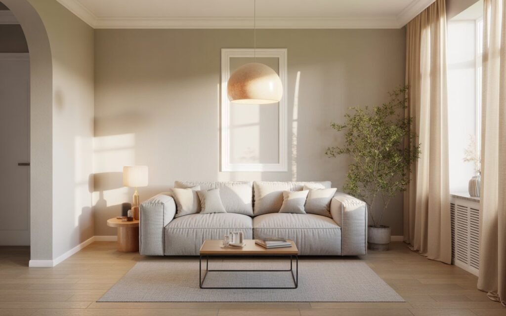 small living room with light neutral curtains creating airy space