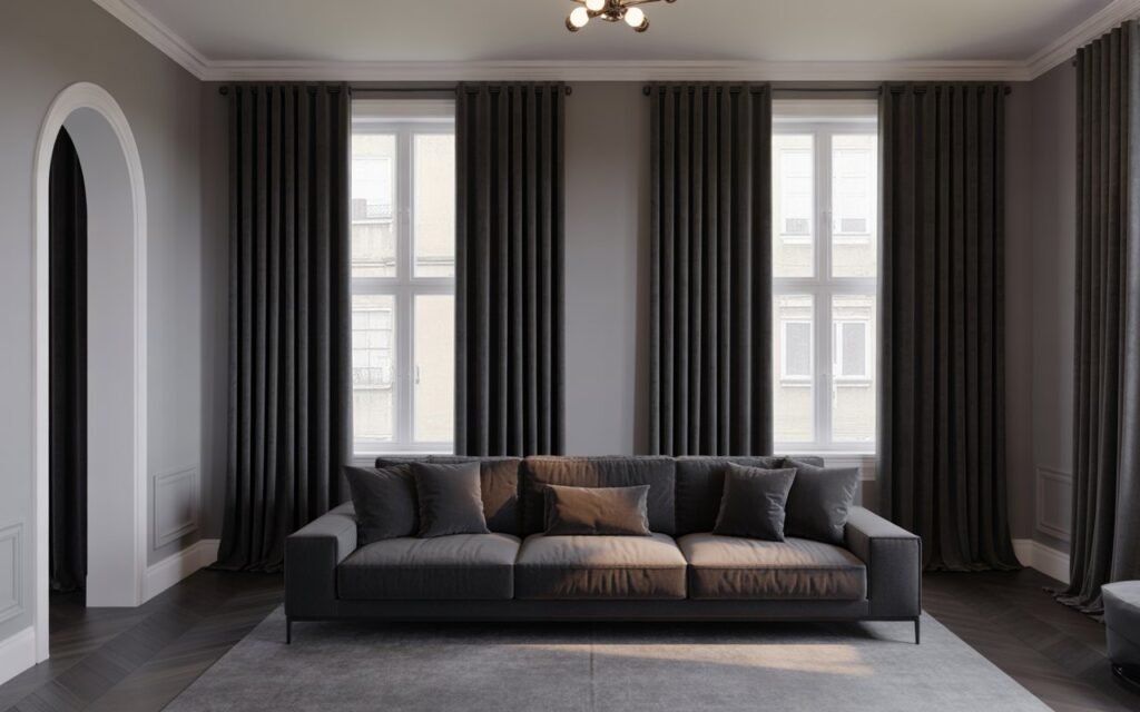 living room with dark curtains creating strong contrast and depth