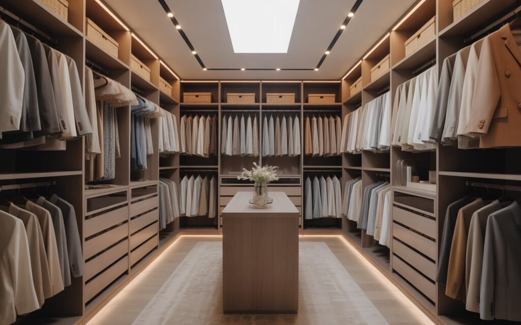 walk-in closet with organized shelving layout