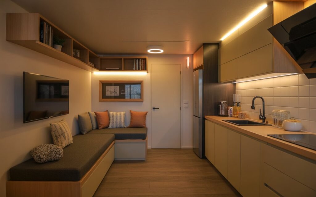 tiny open kitchen and living room with built in storage