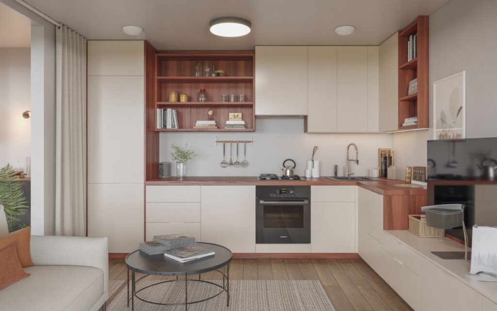 tiny open kitchen and living room with open shelving kitchen
