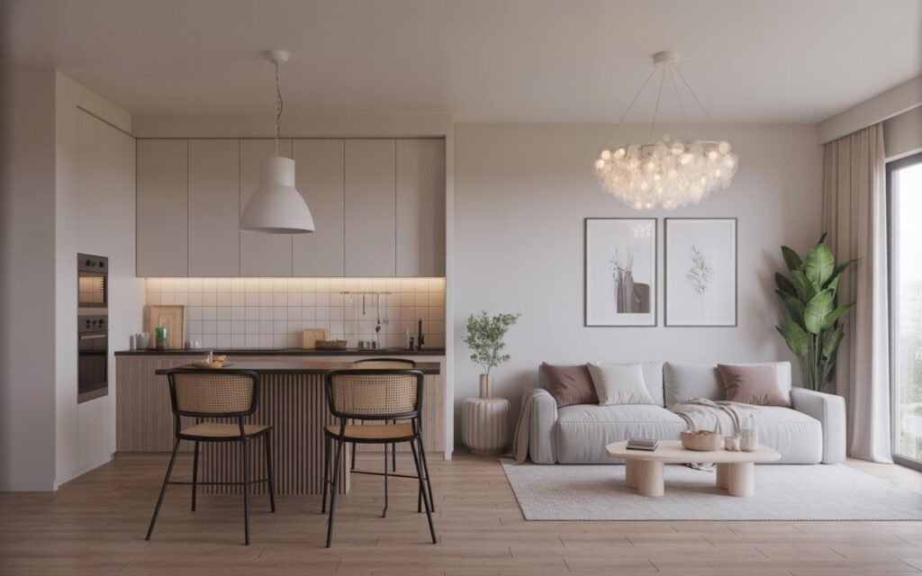 tiny open kitchen and living room with modern lighting