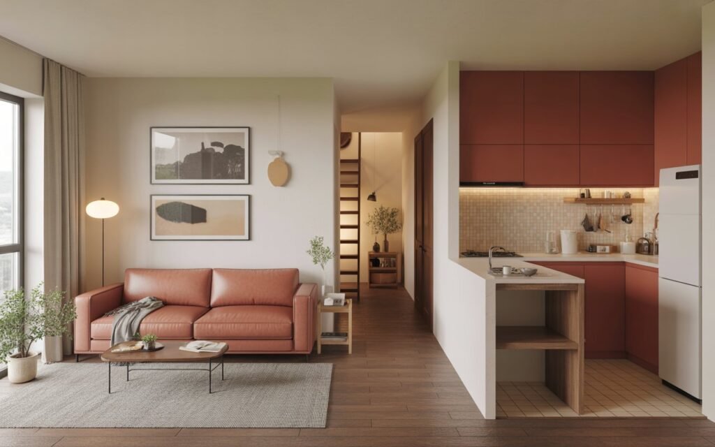 tiny open kitchen and living room with rug zoning