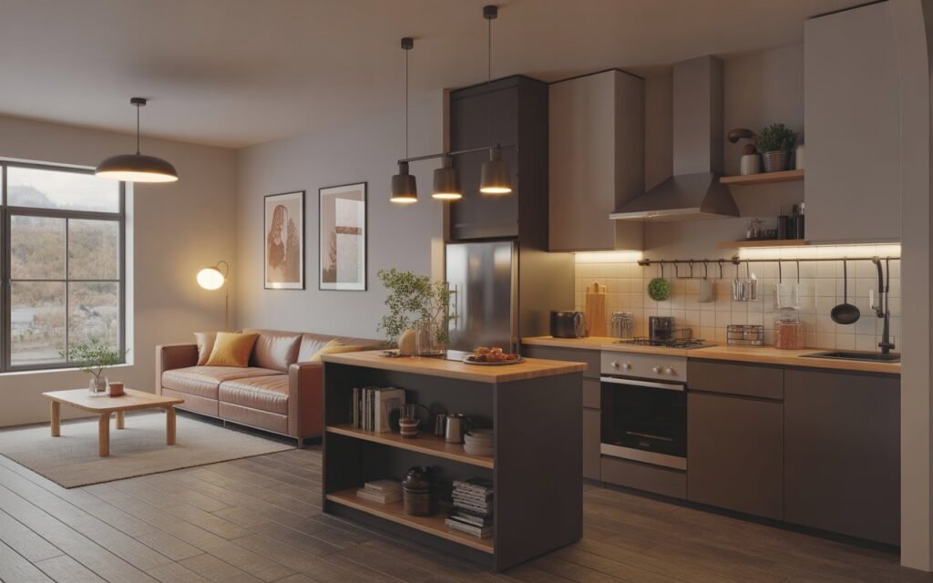 tiny open kitchen and living room with small island divider
