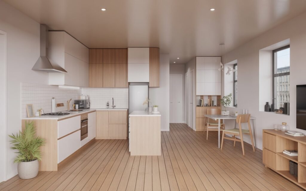 tiny open kitchen and living room with same flooring