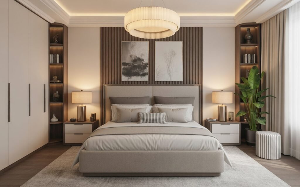 symmetrical nightstand decor on both sides of bed