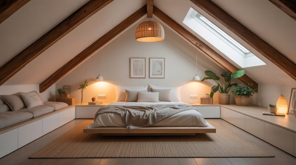 Complete slanted roof bedroom design with built-in storage, reading nook