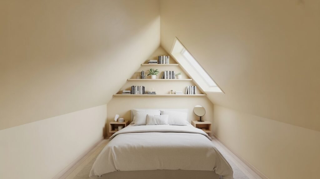 Small attic bedroom with all-white monochromatic design