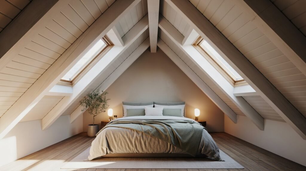 Stunning attic bedroom with angled ceilings
