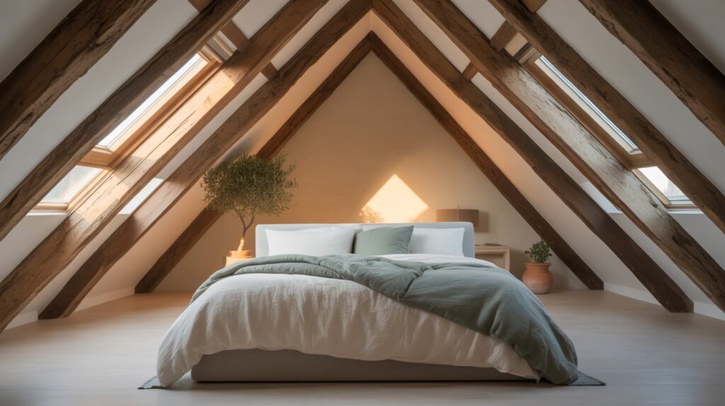 Slanted roof bedroom with exposed wooden beams