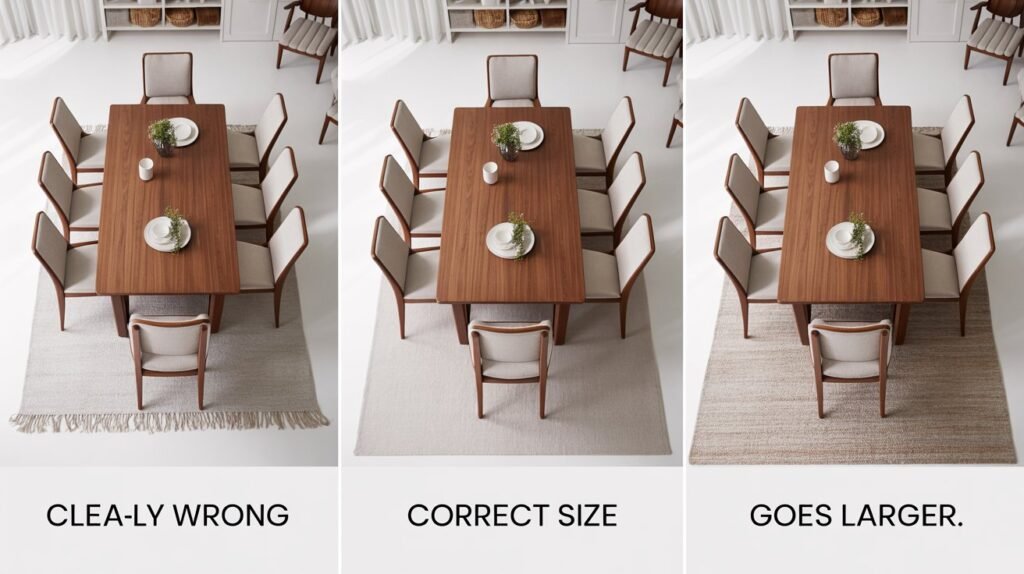Dining room rug size comparison showing too small rug with chair legs hanging off edge versus correctly sized rug with all chair legs fully on rug surface