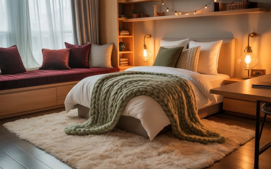 teen bedroom with layered textures and cozy decor elements