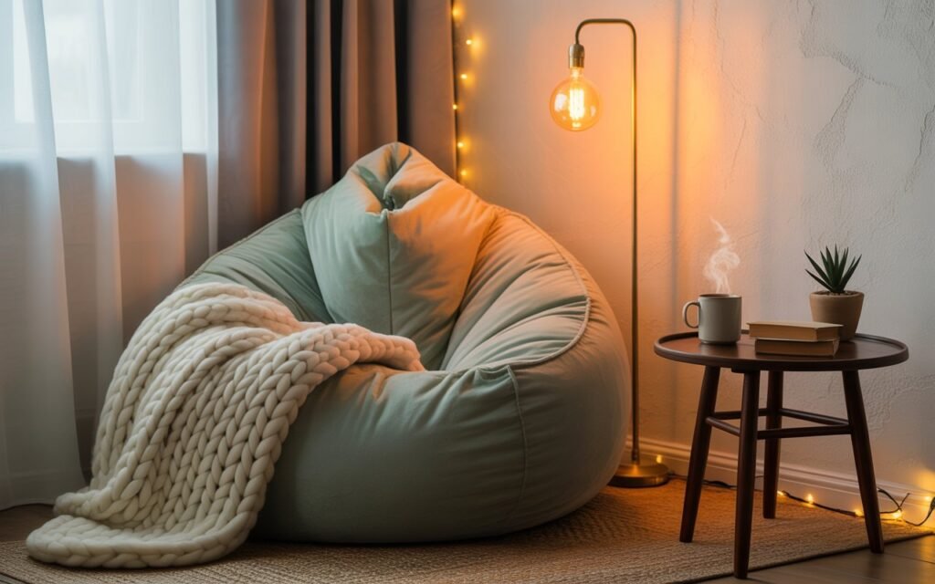 cozy corner in teen bedroom with bean bag and soft lighting