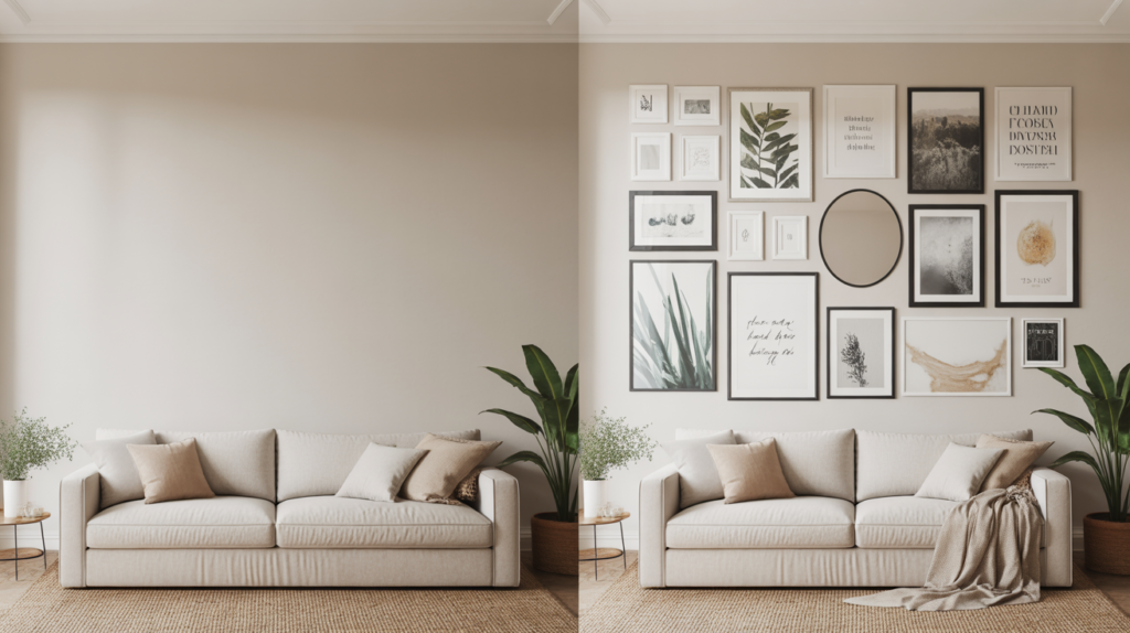 Before and after comparison of an empty living room wall transformed into a beautiful gallery wall with mixed frames and art