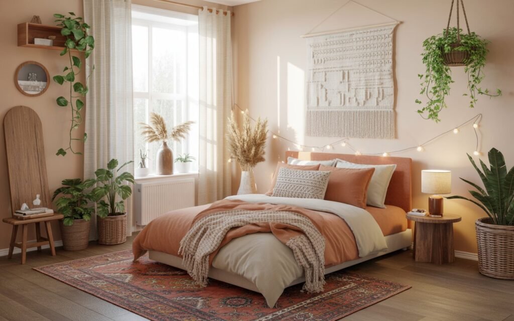 boho themed teen bedroom with plants and warm textures
