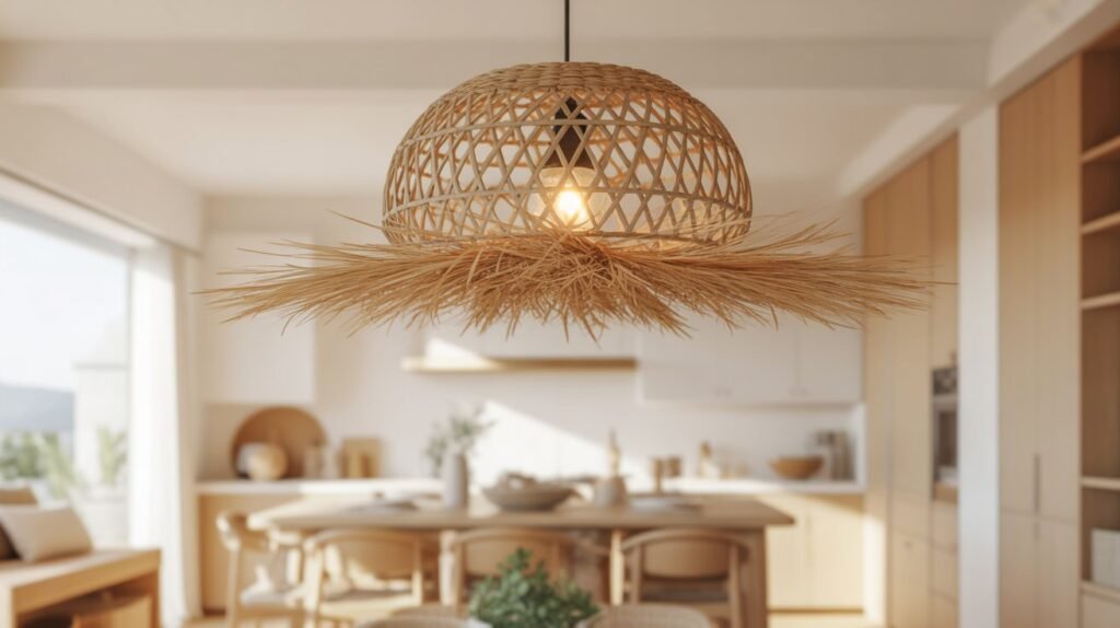 Close-up of three oversized rattan globe pendant lights above a marble dining table casting warm geometric shadow patterns on white plaster ceiling
