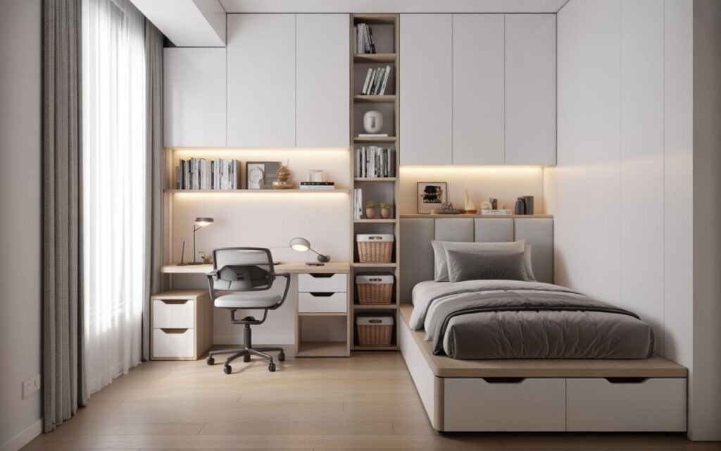 small teen bedroom with smart storage and space-saving furniture