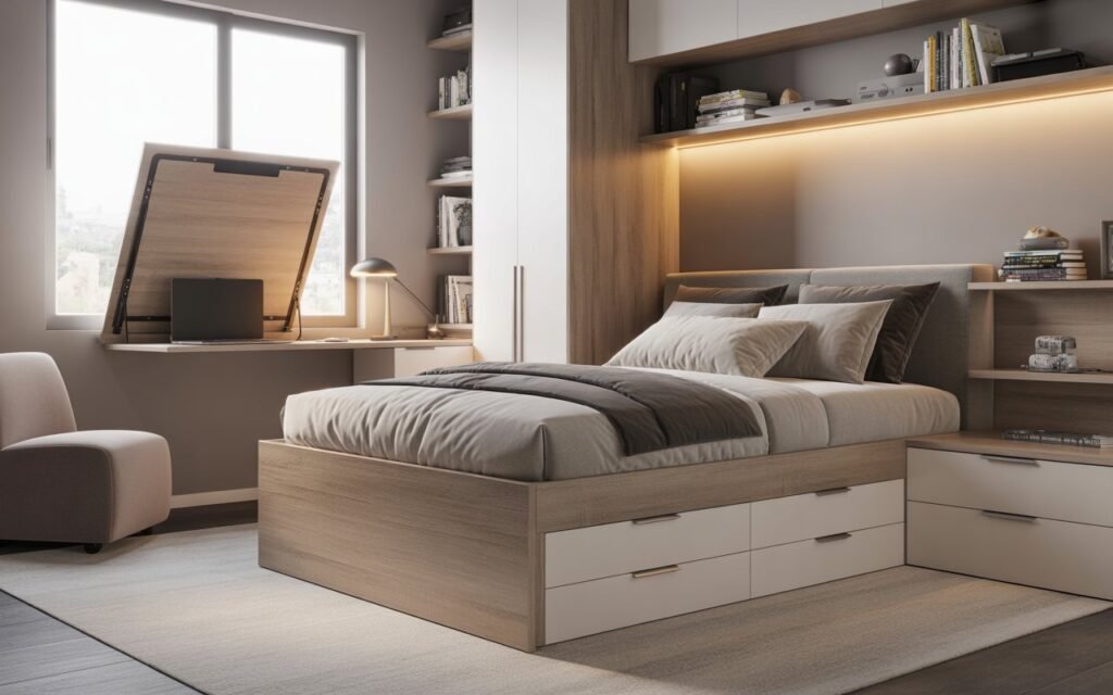 teen bedroom with multi-functional furniture and storage bed