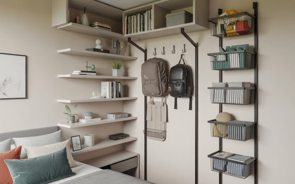 teen bedroom using vertical space with shelves and wall storage