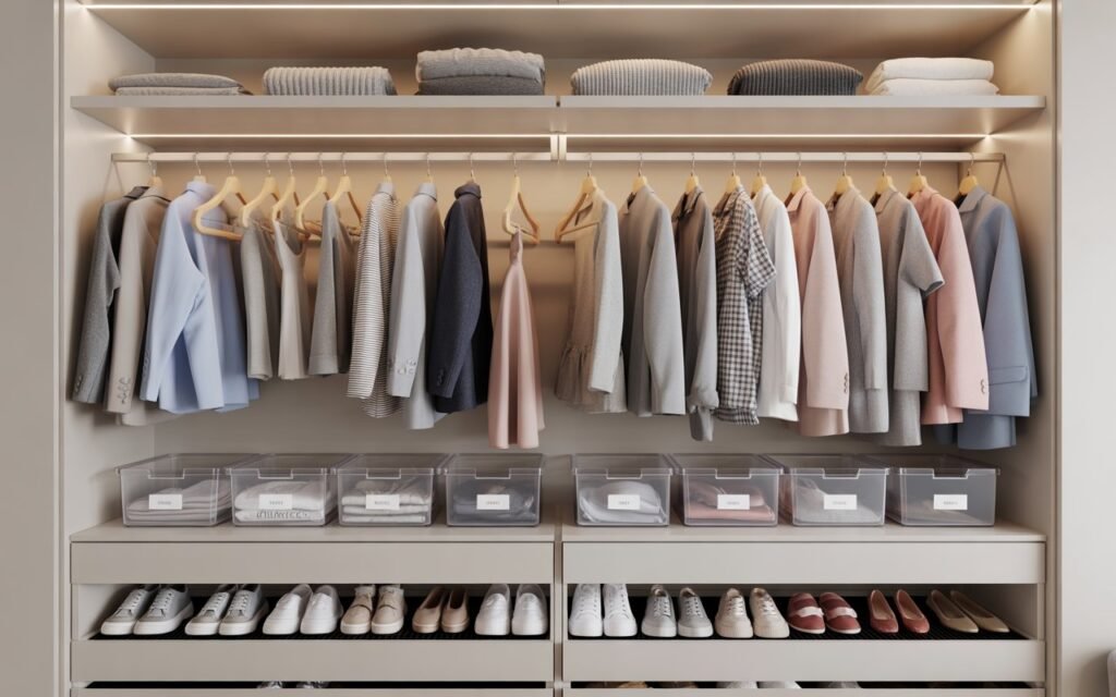 organized teen closet with shelves and storage bins