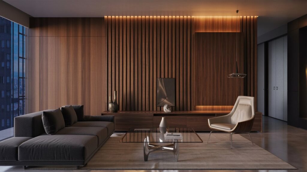 Modern dining room fluted oak wood panel accent wall with black sconces