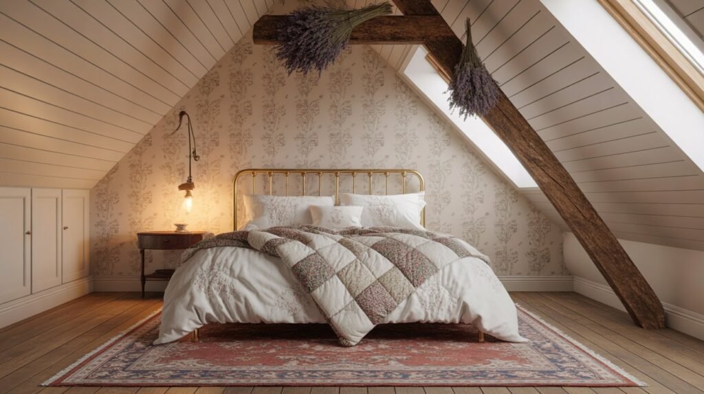 Romantic cottagecore attic bedroom with floral wallpaper
