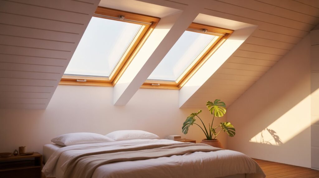 Serene attic bedroom with two large skylights casting golden morning light on a minimal white bed and monstera plant