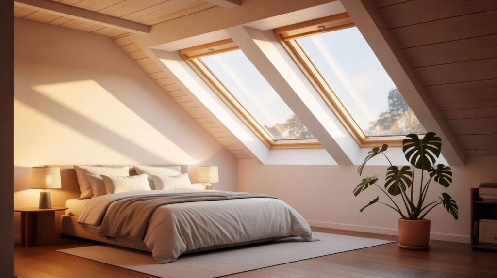 Slanted roof bedroom with skylights flooding the room with golden morning light over a minimal white bed