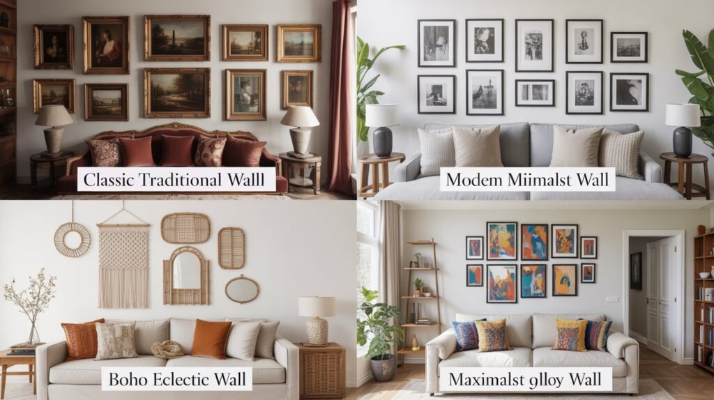 Four gallery wall styles comparison showing traditional, minimalist