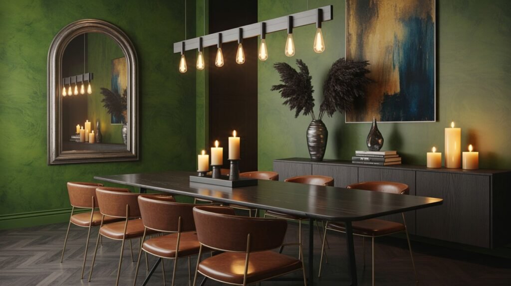 Moody modern dining room with deep forest green limewash walls