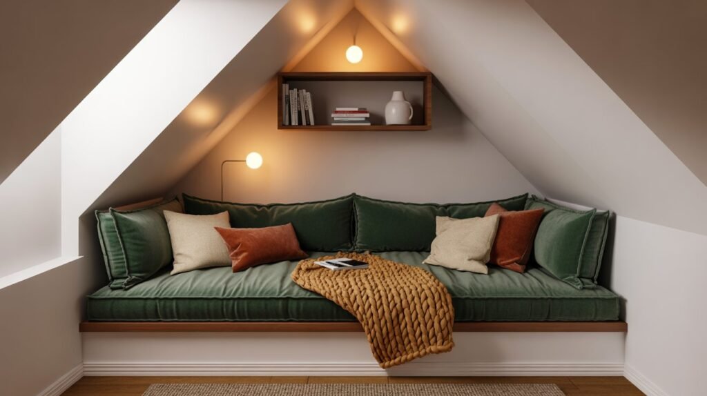 Cozy attic reading nook with forest green velvet window seat