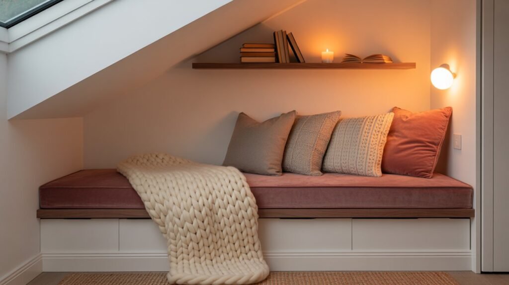 Cozy reading nook under the lowest slope of a slanted roof bedroom with velvet window seat and warm amber lighting