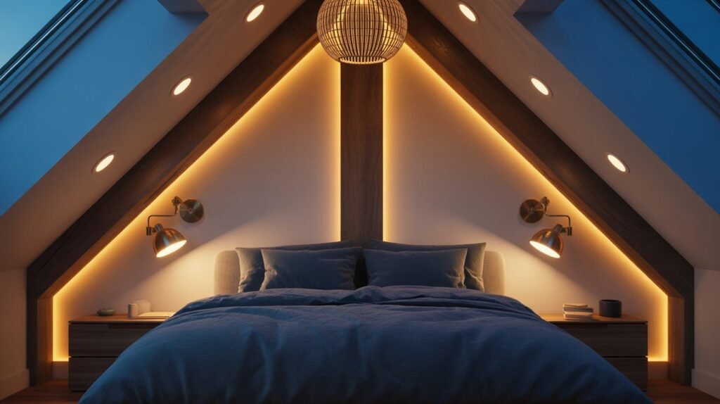 Attic bedroom with layered evening lighting including recessed ceiling lights