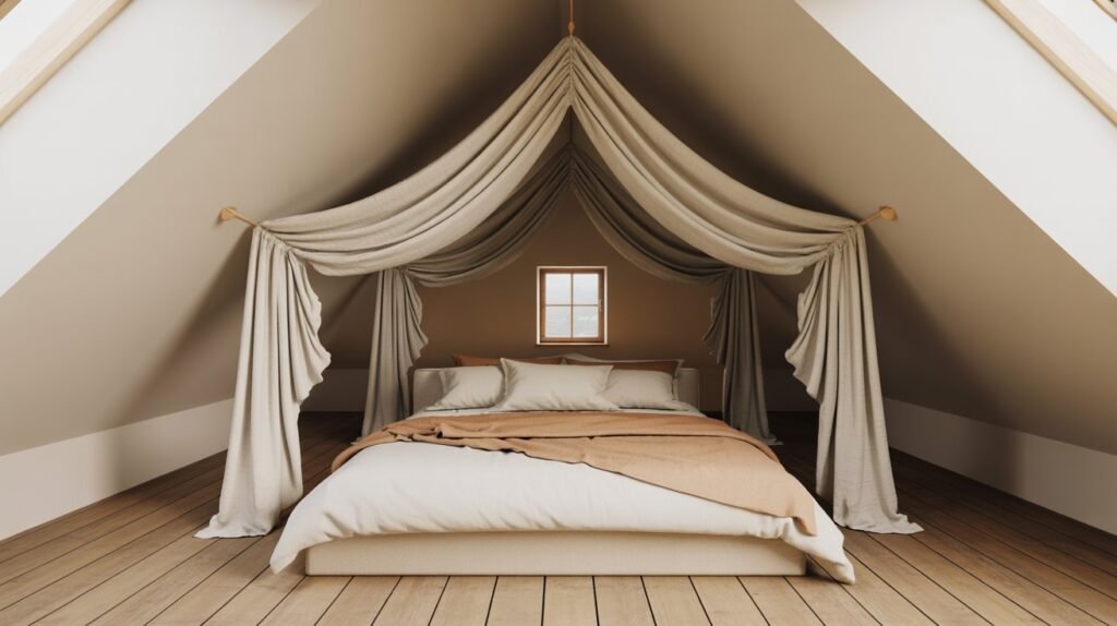 Low platform bed centered under the highest point of a slanted roof bedroom with linen canopy and soft morning light