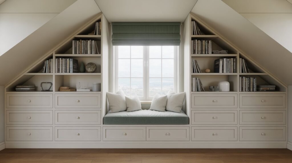 Attic bedroom with custom white built-in knee wall cabinets