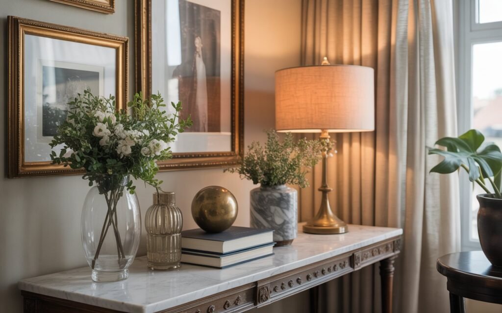 Curated vintage home decor blending antique and modern furniture