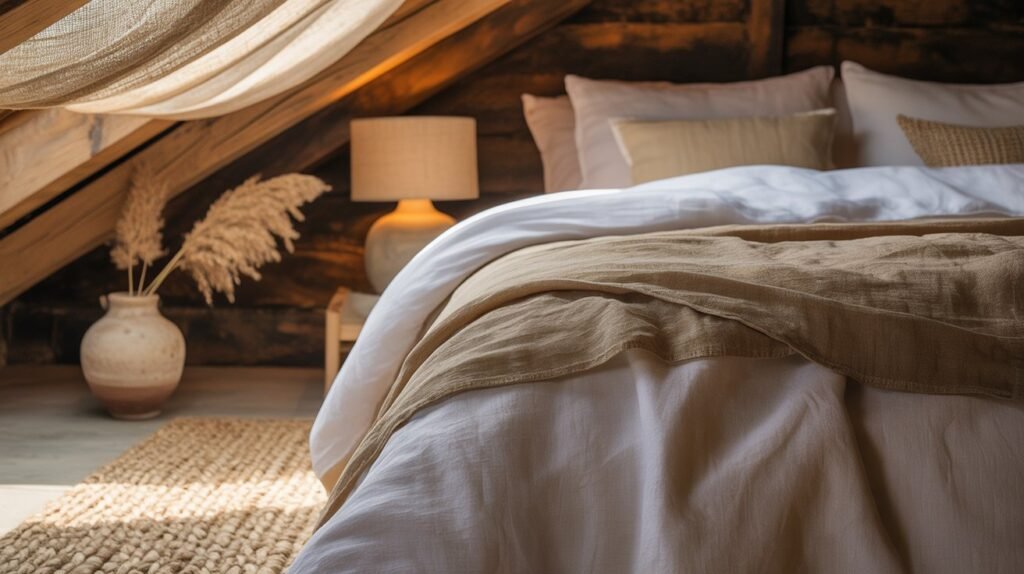 Detail shot of attic bedroom textures including linen bedding