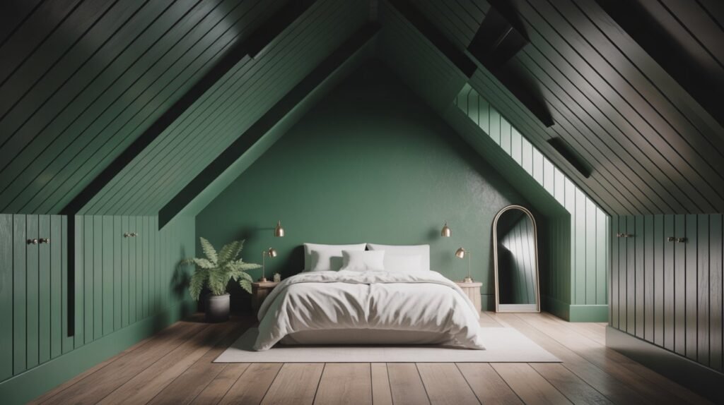 Dramatic attic bedroom with deep forest green angled ceiling contrasted with crisp white walls and brass accents
