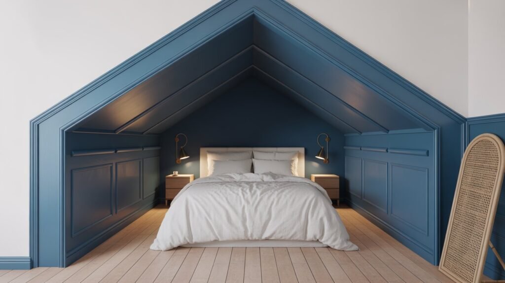 Slanted roof bedroom with deep navy ceiling contrasted against white walls and brass accents for a dramatic effect