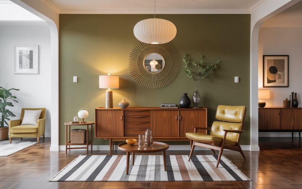 Mid-century modern living room with teak furniture and retro decor