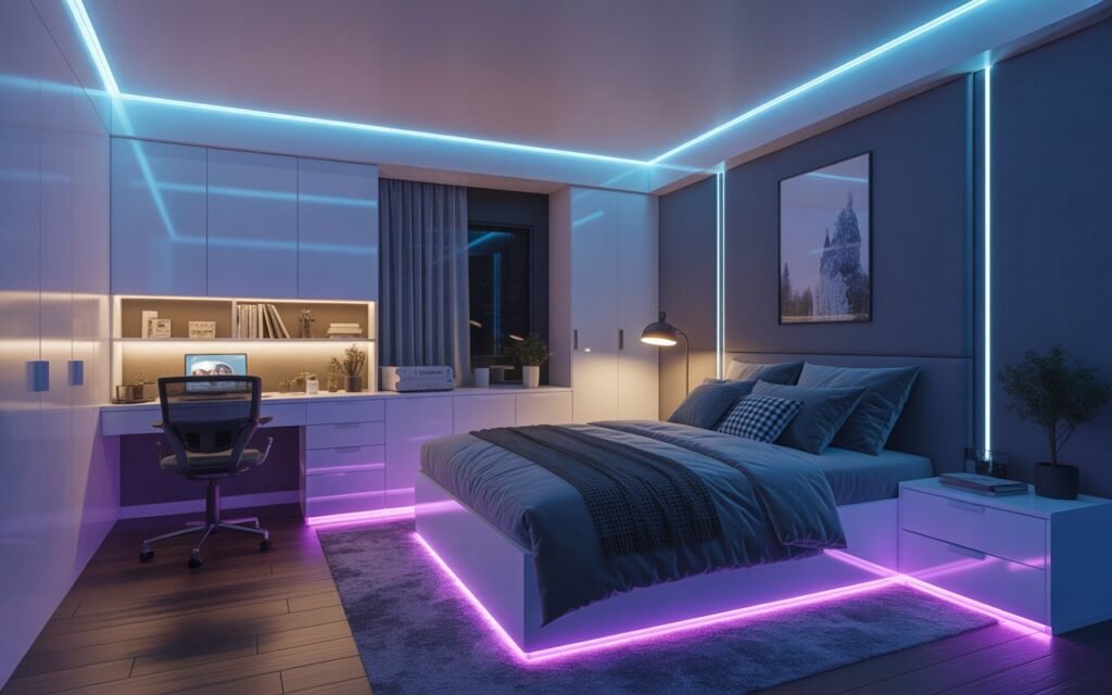 teen bedroom with LED strip lights creating ambient lighting