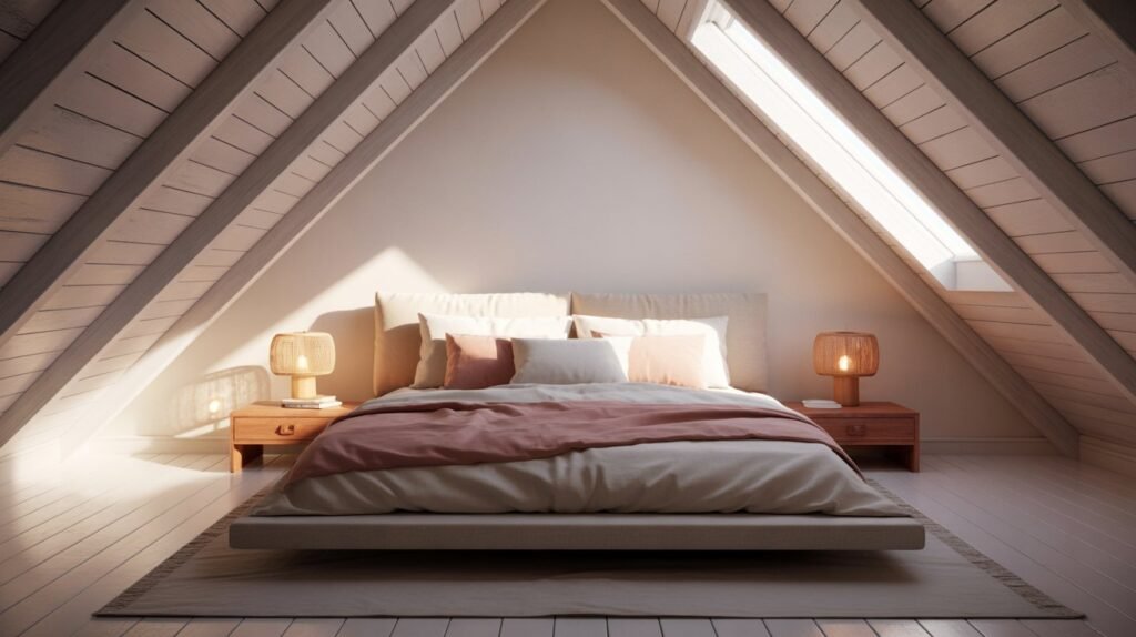 Low-profile platform bed centered under the highest peak of an attic bedroom with soft skylight glow and linen bedding
