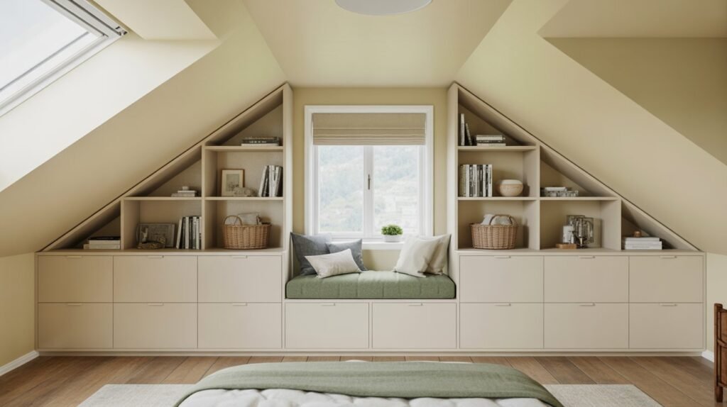 White built-in knee wall storage with sage green window seat in a slanted roof bedroom