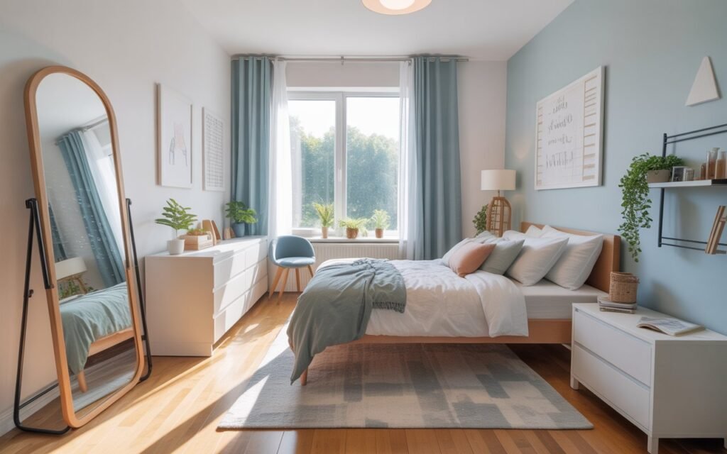teen bedroom with mirror reflecting natural light for spacious look