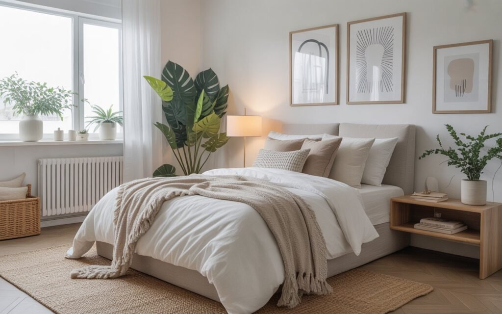 neutral teen bedroom with accent decor and layered textures