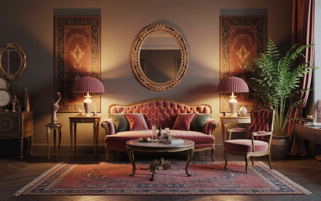 Vintage inspired living room with layered antique decor and warm lighting