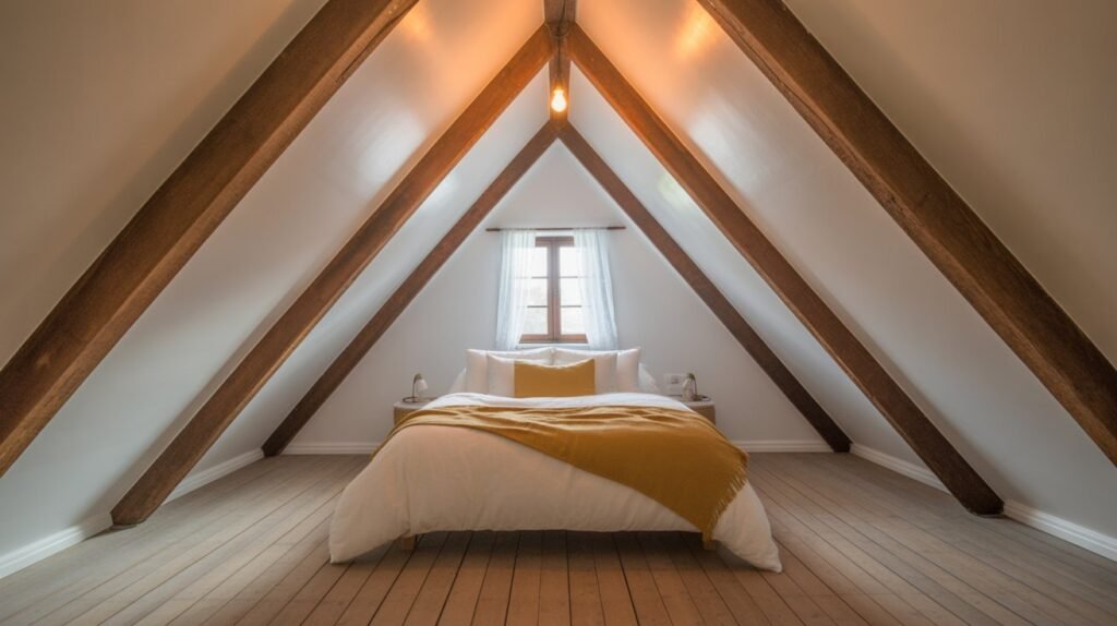 Attic bedroom showing full architectural character with angled walls