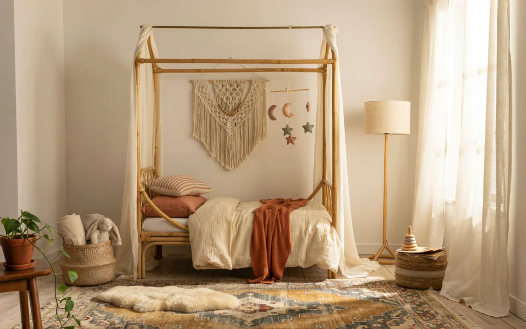 Boho kids room with rattan furniture and earthy decor